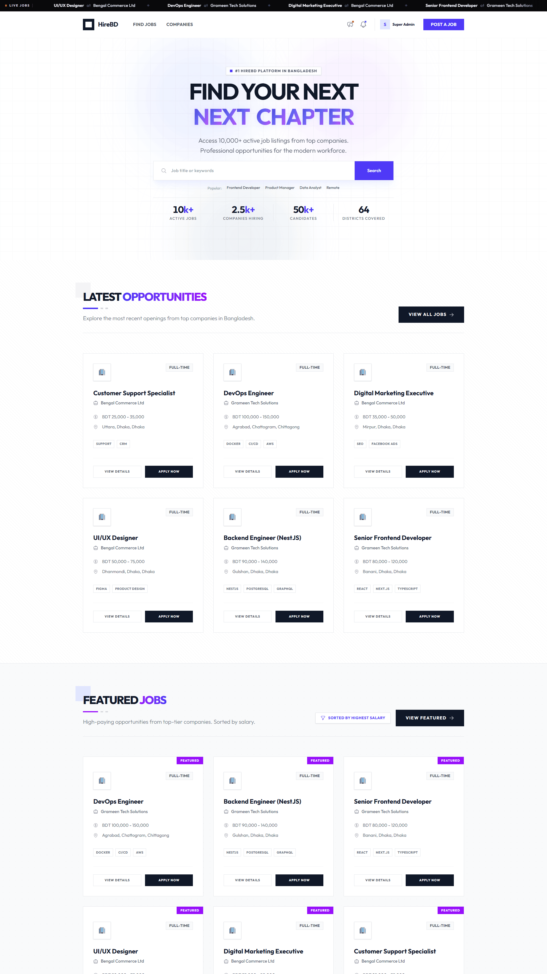 HireBD job marketplace — search, live job ticker, and listings